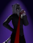anthro bdsm bondage bound clothing collar fangs felid hi_res jewelry lead leash male mammal pantherine sakuri_rainne smile smirk solo stripes tail teeth tiger white_body