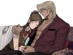  1boy 1girl abs ace_attorney amikoiiko apollo_justice:_ace_attorney black_pants blonde_hair blush blush_stickers breast_pocket brown_hair brown_pants chain chain_necklace closed_eyes closed_mouth collarbone collared_shirt commentary couch dark-skinned_male dark_skin drill_hair earrings ema_skye fingernails floral_print food green_vest gyaruo half_updo hand_on_another's_shoulder highres holding holding_food holding_popsicle index_ring initial jacket jewelry klavier_gavin lab_coat lapels light_smile long_hair long_sleeves looking_at_another male_focus melting_popsicle middle_ring mismatched_eyebrows more_muscular_than_canon multiple_rings naked_jacket neckerchief necklace notched_lapels open_clothes open_jacket pants pectoral_pillow pectorals pillow pink-tinted_eyewear pink_shirt pink_wrist_cuffs pocket popsicle red_neckerchief ring sakuramon shirt short_sleeves side_drill simple_background sitting sunglasses thumb_ring tinted_eyewear toned toned_male unworn_eyewear vest waistcoat watch white-framed_eyewear white_background wrist_cuffs wristwatch 
