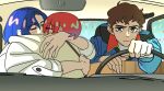  1girl 2boys amate_yuzuriha amuro_ray aqua_hair blue_hair brown_hair car_interior car_seat char's_counterattack commentary_request couple driving earth_federation earth_federation_space_forces gundam gundam_gquuuuuux highres hitman's_wife's_bodyguard kimidori_(haruzionmitaka) kiss meme multiple_boys red_hair scene_reference science_fiction short_hair shuji_ito steering_wheel third_wheel zeknova 