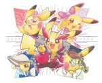  :3 @_@ black_hat blue_gem blunt_bangs bonnet bow braid brown_eyes brown_hair brown_pants closed_mouth clothed_pokemon coke-bottle_glasses commentary_request cosplay_pikachu dated eyelashes fur-trimmed_jacket fur_trim gem glasses green_bow hair_bow hat heart highres idol_clothes jacket lab_coat lightning_bolt_symbol mortarboard no_humans one_eye_closed open_clothes open_jacket open_mouth orange_mask outline pants pi_(user_22747271) pikachu pikachu_belle pikachu_libre pikachu_phd pikachu_pop_star pikachu_rock_star pink_bow poke_ball poke_ball_(basic) poke_ball_theme pokemon pokemon_(creature) pokemon_focus red_jacket red_shoes shoes smile v white_jacket white_outline wrestling_mask wrestling_outfit 