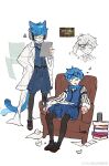  1boy absurdres armchair black_pantyhose blue_bow blue_bowtie blue_eyes blue_hair blue_shorts blue_vest book book_stack bow bowtie brown_shoes cat_tail chair chinese_commentary commentary_request fate/grand_order fate_(series) glasses hans_christian_andersen_(fate) headphones highres holding holding_quill holding_tablet_pc huoxing_bian_de_ye_zao_shu kemonomimi_mode lab_coat long_sleeves male_focus multiple_views one_eye_closed open_mouth pantyhose quill shirt shoes shorts sleeping sleeping_upright striped_clothes striped_shirt tablet_pc tail vest zzz 