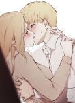  1boy 1girl annie_leonhart armin_arlert artist_name blonde_hair blush brown_shirt collared_shirt commentary_request grey_eyes hetero highres hug kiss korean_commentary long_hair long_sleeves sayo_nara_drawing shingeki_no_kyojin shirt short_hair signature simple_background twitter_username white_background white_shirt 