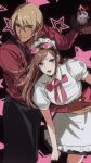  1boy 1girl ace_attorney adapted_costume alternate_costume amikoiiko apollo_justice:_ace_attorney apron black_apron black_background blonde_hair blue_eyes blush bow brown_hair collared_shirt cup dark-skinned_male dark_skin drill_hair drinking_straw earrings ema_skye eyewear_on_head green_eyes gyaruo half_updo highres holding holding_tray jewelry klavier_gavin light_smile long_hair long_sleeves lower_teeth_only maid_apron maid_headdress middle_ring mismatched_eyebrows neck_ribbon open_collar open_mouth pink-framed_eyewear pink-tinted_eyewear pink_background pink_ribbon popped_collar puffy_short_sleeves puffy_sleeves purple_shirt ribbon ring shirt short_sleeves side_drill star_(symbol) star_symbol_background teeth thumb_ring tinted_eyewear tray two-tone_background waist_bow 