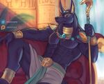  2021 abs accessory ankh anklet anthro anubian_jackal anubis artist_name bent_leg big_muscles black_body black_hair black_sclera bottomwear bracelet canid canine canis circlet claws clothed clothing deity ear_piercing ear_ring egyptian egyptian_mythology furniture gem gold_(metal) hair holding_object holding_staff jackal jewelry loincloth looking_at_viewer male mammal middle_eastern_mythology muscular muscular_anthro muscular_male mythology neckwear obliques on_sofa patreon pecs piercing plant shoulder_pads sitting sofa solo staff topless topless_male twitter vhkansfweer 