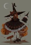 1girl animal_on_head artist_name autumn autumn_leaves bird bird_on_head black_bird black_capelet black_cat black_dress black_shoes blush bow bowtie bracelet capelet cat crescent crescent_moon cross cross_print crow dress english_text falling_leaves frilled_dress frills grass grey_background grey_eyes halloween hat hat_bow highres holding jewelry layered_dress leaf leaf_pile littlebluemuffin long_hair moon moon_with_face multi-tied_hair on_head orange_bow orange_bowtie orange_hair original pantyhose scarecrow shoes sign solo striped_bow striped_bowtie striped_clothes very_long_hair white_pantyhose witch witch_hat 