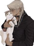  1boy 1girl ace_attorney amikoiiko animal animification apollo_justice:_ace_attorney armband bag blonde_hair blush brown_bag brown_strap cat chain chain_necklace claw_mark closed_eyes collared_shirt colored_sclera cork dark-skinned_male dark_skin drill_hair earrings ema_skye eyewear_on_head facing_to_the_side fingernails green_liquid green_sclera gyaruo highres holding holding_animal holding_cat initial jewelry kiss kissing_cheek klavier_gavin long_hair long_sleeves mismatched_eyebrows necklace open_collar pawpads pink-tinted_eyewear pink_bag pink_nose popped_collar red_armband scratches shedding shedding_fur shirt shoulder_bag side_drill simple_background sunglasses test_tube tinted_eyewear two-tone_armband two-tone_bag unamused upper_body white-framed_eyewear white_background yellow_armband 