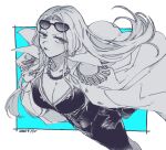  1girl blue_background breasts cigarette cleavage coat coat_on_shoulders commentary_request epaulettes eyewear_on_head floating_hair gloves greyscale_with_colored_background hand_on_own_hip hina_(one_piece) jewelry long_hair necklace one_piece pearl_necklace solo suit wakao_(wakaogm) 