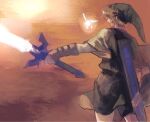  1boy belt black_belt blonde_hair blue_eyes brown_gloves closed_mouth commentary_request curtained_hair fairy feet_out_of_frame fingerless_gloves from_behind gloves green_hat green_tunic hat holding holding_sword holding_weapon layered_sleeves left-handed leggings link long_pointy_ears long_sleeves male_focus master_sword matsutoshi_kkb navi orange_background pointy_ears profile scabbard sheath short_hair short_over_long_sleeves short_sleeves standing sword the_legend_of_zelda the_legend_of_zelda:_ocarina_of_time tunic very_short_hair weapon white_leggings 