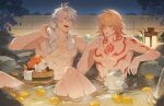  2boys bm88501 chimera_(honkai:_star_rail) commentary_request cup food fruit gradient_hair highres holding holding_cup honkai:_star_rail honkai_(series) implied_yaoi korean_commentary looking_at_another male_focus multicolored_hair multiple_boys muscular muscular_male mydei_(honkai:_star_rail) night onsen pectorals phainon_(honkai:_star_rail) red_tattoo shared_bathing teacup towel towel_around_neck white_hair yuzu_(fruit) yuzu_bath 
