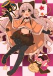  1girl animal_ears black_gloves black_pantyhose blush boots bubble_skirt capelet charlotte_(madoka_magica) checkered_background cheese choker commentary_request elbow_gloves fake_animal_ears fingerless_gloves fingernails food fur-trimmed_capelet fur_trim gloves hair_between_eyes hat holding holding_megaphone instrument long_hair magical_girl mahou_shoujo_madoka_magica mahou_shoujo_madoka_magica:_hangyaku_no_monogatari megaphone midriff momoe_nagisa momoe_nagisa_(magical_girl) navel open_mouth pantyhose phonograph polka_dot pom_pom_(clothes) puffy_shorts shorts skirt smile solo soul_gem_(madoka_magica) star_(symbol) suspenders teeth trumpet two_side_up upper_teeth_only urei-hibino very_long_hair witch_(madoka_magica) yellow_eyes 