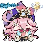  ahoge chibi chibi_only closed_eyes coin crying detached_sleeves dori_(genshin_impact) genshin_impact hair_ornament hairclip hands_on_own_face hat hat_ornament lowres official_art open_mouth red-tinted_eyewear streaming_tears tears tinted_eyewear vision_(genshin_impact) 