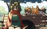  2boys 2girls ahoge animal_ears bench black_hair black_scales brown_eyes brown_hair cat_ears cat_girl chinese_clothes chivalry_starved cloak commentary dryegen english_commentary fish_boy green_shirt hat highres multiple_boys multiple_girls orange_eyes orange_hair park_bench red_cloak shade shirt short_hair sleeping snake_girl snake_tail tail tree xiang_(basedbinkie) 