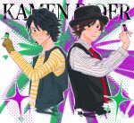  2boys animification black_hair black_hat brown_hair closed_mouth commentary copyright_name cropped_torso fedora gaia_memory green_eyes hand_up hat hidari_shoutarou highres holding jewelry kamen_rider kamen_rider_w layered_clothes long_sleeves looking_at_viewer male_focus multiple_boys necklace necktie outline philip_(kamen_rider) purple_eyes red_necktie ring short_hair smile sparkle uechi_0312 white_outline 