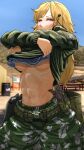  1girl abs ammunition_pouch blonde_hair breasts camouflage camouflage_jacket camouflage_pants character_request clothes_lift escape_from_tarkov grin headphones headphones_around_neck highres holster holstered honganhefg jacket long_hair looking_at_viewer magazine_(weapon) navel pants patch pink_eyes pouch shirt shirt_lift smile soldier solo striped_clothes striped_shirt sweat sweatdrop telnyashka underboob undressing unit_patch very_long_hair 