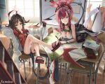  2girls absurdres artist_name black_choker black_jacket blue_archive blue_eyes book breasts brown_eyes brown_hair chair choker classroom cleavage coat collarbone collared_shirt commentary crossed_ankles crossed_legs demon_tail desk english_commentary feet feet_up foreshortening full_body hair_ornament halo highres indoors jacket kasumi_(blue_archive) kemeleon lab_coat large_breasts legs looking_at_viewer lying megu_(blue_archive) multiple_girls no_shoes on_desk on_stomach on_table open_clothes open_coat open_jacket platform_sandals pointy_ears purple_hair red_halo red_shirt sandals school_chair school_desk shirt sidelocks sitting small_breasts soles table tail the_pose toenails toes white_coat whiteboard wooden_floor 