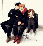  1girl 2boys absurdres black_hair black_pants black_skirt brown_hair closed_eyes commentary crossed_arms dated english_commentary fushiguro_megumi highres itadori_yuji jujutsu_kaisen jujutsu_tech_uniform kugisaki_nobara multiple_boys orange_hair pants pantyhose school_uniform sitting skirt sleeping winner7 