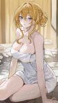  01_camorra 1girl bare_shoulders blush braid breasts cleavage commentary covered_navel dungeon_and_fighter expressionless feet_out_of_frame female_gunner_(dungeon_and_fighter) hair_between_eyes hair_bun hair_intakes highres large_breasts looking_at_viewer medium_hair naked_towel onsen sidelocks sitting solo towel untranslatable_commentary 