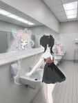  2girls ame-chan_(needy_girl_overdose) bathroom black_hair blonde_hair blue_eyes bow cat ceiling_light chouzetsusaikawa_tenshi-chan dual_persona hair_bow hair_ornament highres looking_at_mirror mirror multiple_girls nanaji_(nanaj00) needy_girl_overdose photo_background pien_cat_(needy_girl_overdose) pink_cat quad_tails sink skirt soap_dispenser suspender_skirt suspenders tile_wall tiles x_hair_ornament 