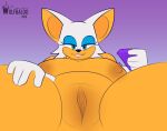 anthro bat big_breasts breasts clothing digital_media_(artwork) female fur gem genitals gloves handwear hi_res huge_breasts looking_at_viewer low-angle_view mammal nipples nude rouge_the_bat sega simple_background smile solo sonic_the_hedgehog_(series) spread_legs spreading vulva wolfbaloo