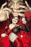  1boy 1girl batman_(series) blue_eyes breasts clenched_teeth colored_skin commentary crop_top dc_comics english_commentary evil_smile forced_smile green_eyes hammer harley_quinn_(classic) hat highres holding holding_hammer huge_weapon joker_(dc) large_breasts lipstick looking_at_another looking_down makeup marionette midriff multicolored_pants multicolored_shirt navel pants pom_pom_(clothes) puppet puppet_strings red_lips shirt smile stjepan_sejic superhero_costume teeth upper_body weapon white_skin wide-eyed 