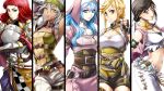  5girls armor belt black_hair blonde_hair blue_eyes blue_gem blue_hair braid breastplate breasts brown_corset brown_eyes brown_shorts check_copyright cleavage closed_mouth column_lineup copyright_request corset cropped_jacket dress earrings facial_mark fingerless_gloves gauntlets gem gloves green_gem green_headband grey_hair hair_bun headband jewelry lineup looking_at_viewer multiple_girls necklace original pants parted_lips pauldrons pink_dress pink_veil red_hair sao_(saowee) shirt shorts shoulder_armor single_hair_bun sleeveless sleeveless_jacket stomach twin_braids veil white_pants white_shirt yellow_eyes 