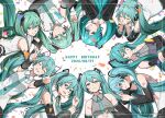  6+girls annotated aqua_hair aqua_nails aqua_necktie aqua_trim arm_tattoo bare_shoulders birthday black_skirt blush breasts collarbone collared_shirt commentary_request detached_sleeves double_v grey_shirt hair_between_eyes hair_ornament happy_birthday hatsune_miku hatsune_miku_(append) hatsune_miku_(nt) hatsune_miku_(sp) hatsune_miku_(vocaloid3) hatsune_miku_(vocaloid4) hatsune_miku_(vocaloid4)_(chinese) hatsune_miku_(vocaloid6) headset heart highres light_blush long_hair long_sleeves looking_at_viewer lying medium_breasts multiple_girls multiple_persona napio necktie number_tattoo on_back on_stomach open_mouth piapro_studio pink_background shirt skirt sleeveless sleeveless_shirt smile tattoo twintails v v4x very_long_hair vocaloid white_shirt wide_sleeves 