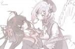  2girls artist_name beret black_capelet black_choker black_coat black_hair black_hat black_horns black_shirt capelet choker closed_mouth coat collared_coat collared_shirt commentary_request commission cracked_skin crown dot_nose extra_eyes extra_horns flower flower-trimmed_sleeves grabbing_another's_necktie gradient_hair hair_flower hair_ornament hat hat_flower hat_ribbon highres horns korean_commentary long_hair long_sleeves mahou_shoujo_no_majo_saiban mini_crown multicolored_hair multiple_girls neck_ribbon necktie nikaido_hiro no_mouth pink_eyes pink_hair qoooinn red_eyes red_flower red_necktie ribbon sakuraba_ema shirt short_hair side_capelet signature simple_background skeletal_wings sleeveless sleeveless_coat snake_hair spoilers watermark white_background white_flower white_hair white_ribbon white_shirt white_sleeves wings witch_(manosaba) x_hair_ornament yuri 