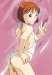  1990s_(style) 1girl ass backless_swimsuit blush_stickers cowboy_shot hairband halterneck hand_on_own_hip highres kayama_tamami looking_at_viewer official_art one-piece_swimsuit pink_background red_eyes red_hair red_hairband retro_artstyle scan short_hair smile solo super_real_mahjong swimsuit tanaka_ryou w white_one-piece_swimsuit zoom_layer 