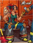  1girl 1other axe baggy_pants belt biceps boots bottle breasts commentary cromwaits dirty english_commentary english_text fire_axe fire_truck firefighter gloves hand_on_own_knee high-visibility_clothing highres holding holding_bottle knee_pads lips motor_vehicle multicolored_hair muscular muscular_female narrow_waist nose open_mouth original pants parted_bangs shoes sitting spread_legs suspenders tank_top title truck two-tone_hair water_bottle yellow_boots yellow_eyes 