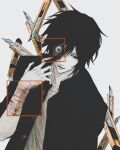  1boy black_hair bleeding blood boxcutter commentary cowboy_shot cuts eyeball eyelid_pull hair_between_eyes half-closed_eye highres injury kumokumo7031 looking_to_the_side male_focus randal's_friends revealing_layer self-harm short_hair skinned solo tsukada_satoru undershirt wolf_cut wrist_cutting 