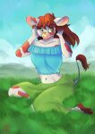  absurd_res anthro bottomwear bovid bovine cattle cinnamomo clothed clothing ear_piercing ear_ring female field grass_field hi_res mammal piercing skirt solo solo_focus tail_tuft tuft 