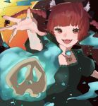  1girl animal_ear_fluff animal_ears bell braid cat_ears cat_girl commentary_request dress fangs green_dress hitodama kaenbyou_rin long_hair looking_at_viewer neck_bell open_mouth red_eyes red_hair red_nails shi_ppo_no side_braids solo touhou touhou_22nd_popularity_poll translation_request twin_braids 