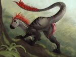 4:3 animal_genitalia animal_penis anus black_body black_claws bodily_fluids butt claws cloaca cloacal_penis curved_penis day detailed detailed_background digital_media_(artwork) digitigrade dinosaur dripping dromaeosaurid erection feathered_dinosaur feathered_scalie feathers feet feral forest genital_fluids genital_slit genitals grass grey_body grey_claws grey_scales grey_skin grey_stripes hi_res looking_at_viewer looking_back male male_feral markings multicolored_body nature outside penis pink_genitals pink_penis plant precum precum_drip precum_string prehistoric_species presenting presenting_hindquarters presenting_penis pubic_boot raised_tail red_body red_feathers red_genitals red_stripes reptile saurischian scales scalie sharp_teeth smile smirk solo standing striped_body stripes tail tailbutt tapering_penis teeth terr_(n0rad) theropod thick_tail toe_claws toes tree yellow_eyes