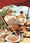  3boys baby beach beach_umbrella beard black_hair blonde_hair braided_mustache carrying carrying_baby carrying_person commentary cup doll dracule_mihawk facial_hair highres holding holding_cup holding_doll leg_hair multiple_boys mustache one_piece outdoors red-leg_zeff roronoa_zoro sanji_(one_piece) short_hair sitting sleeping sunglasses thi_(just_minhthi) umbrella 