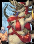 absurd_res anthro big_breasts breast_grab breasts clothed clothing damnpai female genitals hand_on_breast hi_res human looking_at_viewer male mammal muscular muscular_male nipple_piercing nipples piercing reptile scales scalie snake thick_thighs tongue vulva