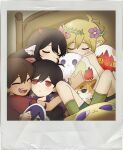  1girl 3boys aged_down alternate_eye_color alternate_universe antenna_hair aubrey_(faraway)_(omori) aubrey_(omori) bangs_(omori) basil_(faraway)_(omori) basil_(omori) big_yellow_cat_(omori) black_hair black_shirt blush bow brown_hair chinese_commentary closed_eyes closed_mouth commentary_request dark-skinned_male dark_skin derivative_work double-parted_bangs expressionless flower flower_wreath green_socks hair_between_eyes hair_bow head_wreath highres holding holding_stuffed_toy horns hug kel_(faraway)_(omori) kel_(omori) laola4869 long_hair multiple_boys omori open_mouth pink_bow pointy_ears red_eyes red_shirt shirt short_hair short_sleeves sidelocks slit_pupils smile socks stuffed_toy sunny_(omori) t-shirt teeth upper_teeth_only 