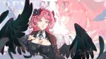  1girl absurdres black_bow black_dress black_feathers black_shrug black_thighhighs black_wings bow breasts chest_belt chinese_commentary cleavage commentary_request dress earrings falling_feathers feathers hair_bow hair_intakes hair_ornament hand_on_own_chest highres jewelry large_breasts looking_at_viewer medium_hair mole mole_on_breast official_alternate_costume parted_lips pearl_earrings pink_hair pink_lips pink_nails pointy_ears projected_inset red_nails remielle_dan remielle_dan_(moonlight_whispers) shrug_(clothing) solo star_(symbol) star_hair_ornament stud_earrings thighhighs upper_body wings yuboya zenless_zone_zero 