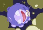  :d cocoro_the_c colored_skin commentary_request fangs gas koffing no_humans open_mouth pokemon pokemon_(creature) pokemon_focus pokemon_move purple_skin simple_background skull_and_crossbones smile smog_(pokemon) solo 
