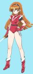  1980s_(style) 1girl altiana armor blue_background boots commentary_request energy_sword full_body gloves hairband hand_on_own_hip holding holding_sword holding_weapon impossible_clothes looking_at_viewer red_boots red_gloves retro_artstyle shimada_fumikane simple_background solo space_hunter standing sword weapon 