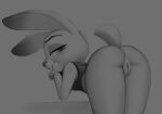  anthro bedroom_eyes bent_over bottomless butt clothed clothing disney female fur genitals greyscale hi_res judy_hopps lagomorph leporid looking_at_viewer looking_back looking_back_at_viewer mammal monochrome narrowed_eyes presenting presenting_hindquarters pussy qupostuv35 rabbit seductive smile zootopia 
