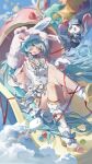  1girl absurdres animal_ear_headwear animal_ears animal_hands animal_hat animal_hood aqua_eyes aqua_hair arm_up ball balloon blue_bow blue_sky blush boots bow cape cat cloud commentary dress english_commentary fang flower_balloon frills fur_gloves gloves hair_between_eyes hair_ornament hat hatsune_miku heart heart_balloon highres hood knees_up long_hair looking_at_viewer lying midoo multicolored_bow nyan_cat on_back open_mouth panda paw_gloves paw_pose platform_boots rabbit_ears rabbit_hat rabbit_paws rainbow rainbow_ribbon red_bow red_ribbon restriction_sign ribbon signature skin_fang sky sleeveless sleeveless_dress smile socks star_(symbol) star_balloon sun_balloon sun_symbol twintails twitter_username very_long_hair vocaloid white_boots white_dress white_gloves white_hat white_socks yellow_bow 