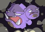  cocoro_the_c colored_skin commentary_request fangs gas multiple_heads no_humans open_mouth pokemon pokemon_(creature) pokemon_focus purple_skin simple_background skull_and_crossbones solo weezing 