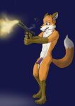  anthro canid canine firing_weapon fox hi_res holding_object holding_weapon humanoid_genitalia male mammal nude simple_background solo weapon wolfyalex96_(artist) 
