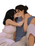  1boy 1girl bare_shoulders black_hair blue_shirt breasts closed_eyes closed_mouth commentary couple dress english_commentary eren_yeager feet_out_of_frame hair_between_eyes hair_bun half_updo hand_on_another's_neck hetero highres holding_hands imminent_kiss light_smile long_dress long_hair medium_breasts medium_hair mikasa_ackerman pants parted_lips scar scar_on_cheek scar_on_face shingeki_no_kyojin shirt sitting sleeveless sleeveless_dress sleeveless_shirt sumiensp sundress white_background white_dress white_pants 