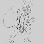 1:1 anthro aries_halperin_(templar_ponyboy) arm_wraps bodysuit clothing collar eeveelution generation_2_pokemon hair hi_res legwear long_hair male markings melee_weapon monochrome nintendo pokemon pokemon_(species) ponytail reverse_grip ring_(marking) sketch skinsuit solo sword templar_ponyboy thigh_highs tight_clothing umbreon weapon wraps