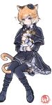  1girl ? animal animal_ears arknights black_boots black_dress black_hat blush boots brown_streaks calico_(pattern) cat cat_ears cat_girl cat_tail commentary_request dress frilled_dress frills full_body green_eyes hat highres hiruandon222 holding holding_animal holding_cat invisible_chair looking_at_viewer material_growth mini_hat mousse_(arknights) multicolored_hair multiple_tails orange_hair oripathy_lesion_(arknights) short_hair sitting solo streaked_hair tail two_tails white_streaks 
