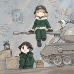  2girls black_eyes black_hair blonde_hair book book_stack box chito_(shoujo_shuumatsu_ryokou) coat commentary_request fur-trimmed_coat fur_trim green_coat green_pants helmet highres lantern m24_chaffee military_vehicle motor_vehicle multiple_girls nuko_(shoujo_shuumatsu_ryokou) open_mouth origami_gyokuo pants shoujo_shuumatsu_ryokou sitting smile tank window yuuri_(shoujo_shuumatsu_ryokou) 