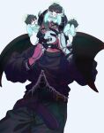  2boys 32_mizutamari alien_stage angel_and_devil angel_wings apple belt black_eyes black_hair black_pants black_sweater black_veil bug centipede commentary crying demon_wings drooling finger_cots food fruit green_eyes grey_hair halo hands_on_own_face highres holding holding_food holding_fruit ivan_(alien_stage) long_sleeves male_focus mini_person miniboy multiple_boys official_alternate_costume pants parted_lips red_pupils sweater till_(alien_stage) torn_clothes torn_sweater veil white_apple white_background wings 