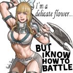  1girl arched_back arm_guards armor axe battle_axe bikini_armor blonde_hair bow breasts charlotte_(fire_emblem) cleavage commentary_request cowboy_shot fire_emblem fire_emblem_fates hair_bow highres holding holding_axe large_breasts licking_lips lips long_hair nanbu_yasumi pauldrons shin_guards shoulder_armor simple_background smile solo text_background toned toned_female tongue tongue_out wavy_hair weapon white_background white_bow 