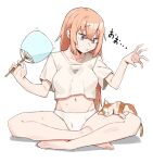  1girl alternate_breast_size_(smaller) blue_eyes breasts cat collarbone commentary_request covered_nipples hand_fan hands_up highres indian_style large_breasts long_hair looking_at_another michinoku_komaro midriff navel orange_hair panties sattinittas seitokai_ni_mo_ana_wa_aru! shirt short_sleeves simple_background sitting solo sweat underwear white_background white_panties white_shirt 